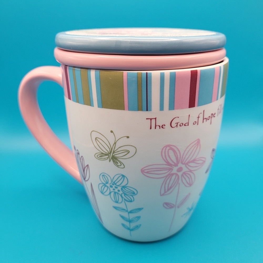 DaySpring Women of Faith Tea Infuser Mug Floral Romans 15:13 Pink Blue Multi